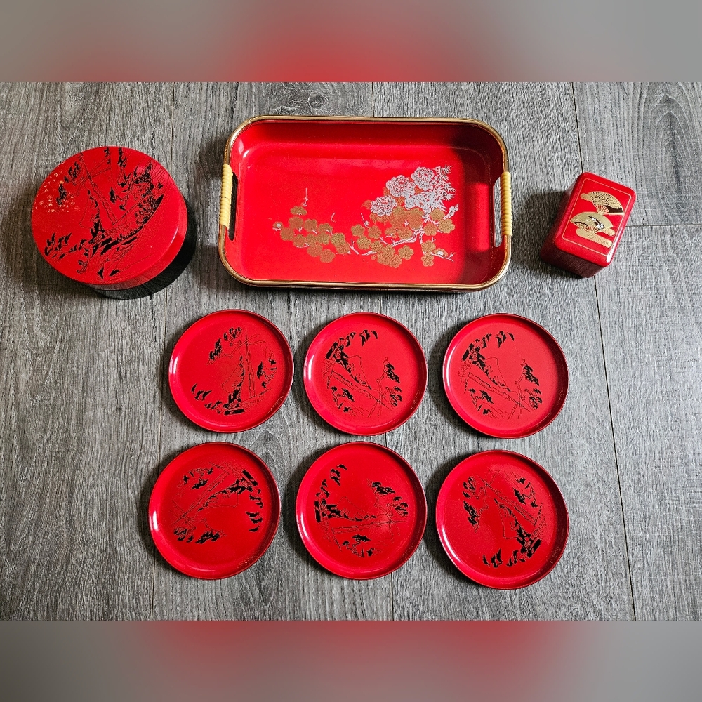 Vintage MCM Mid Century Chinese Oriental Vanity Table Server Coasters Decor Set